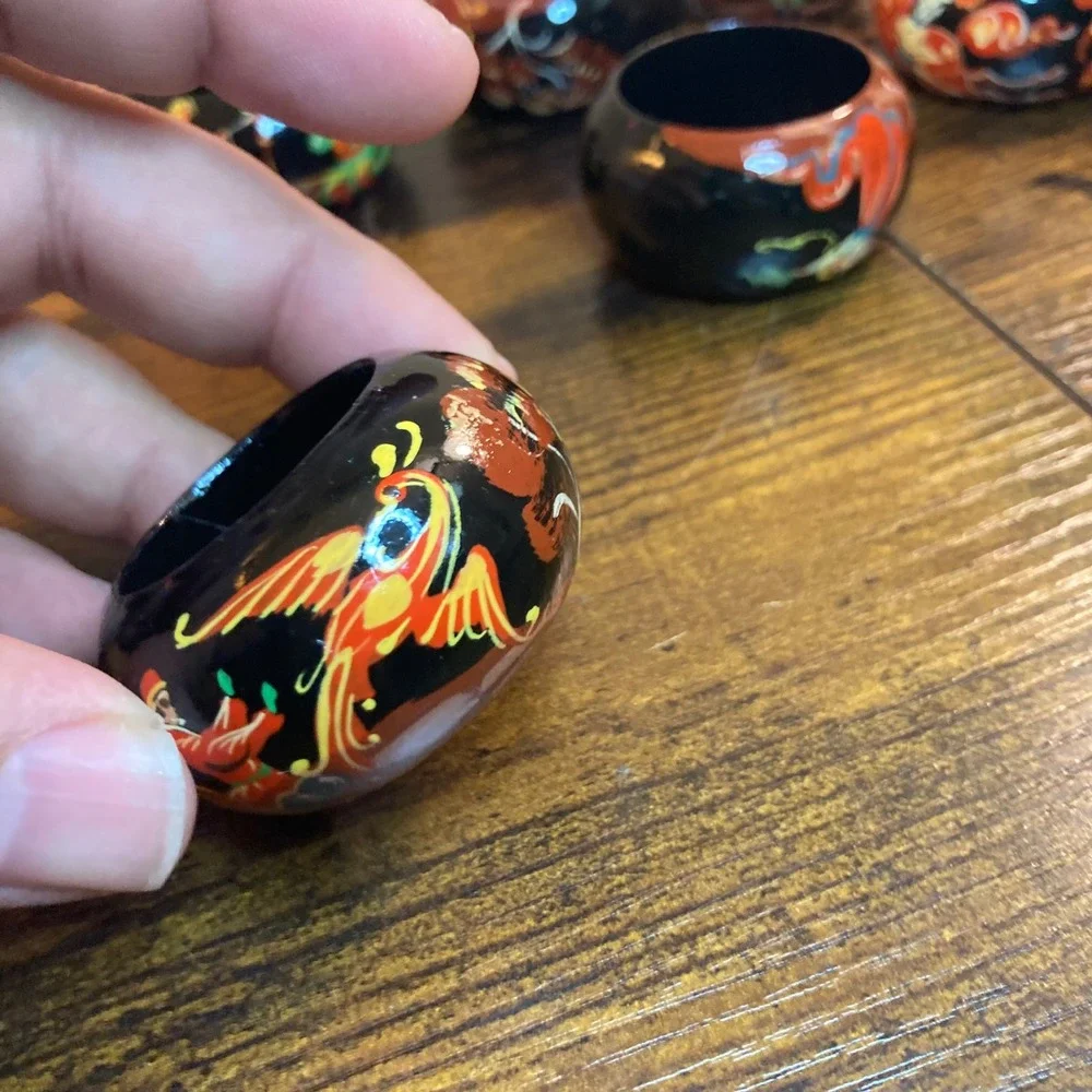 Vintage Russian Palekh Khokhloma Lacquer Napkin Rings Hand Painted Folk Art 6pc
